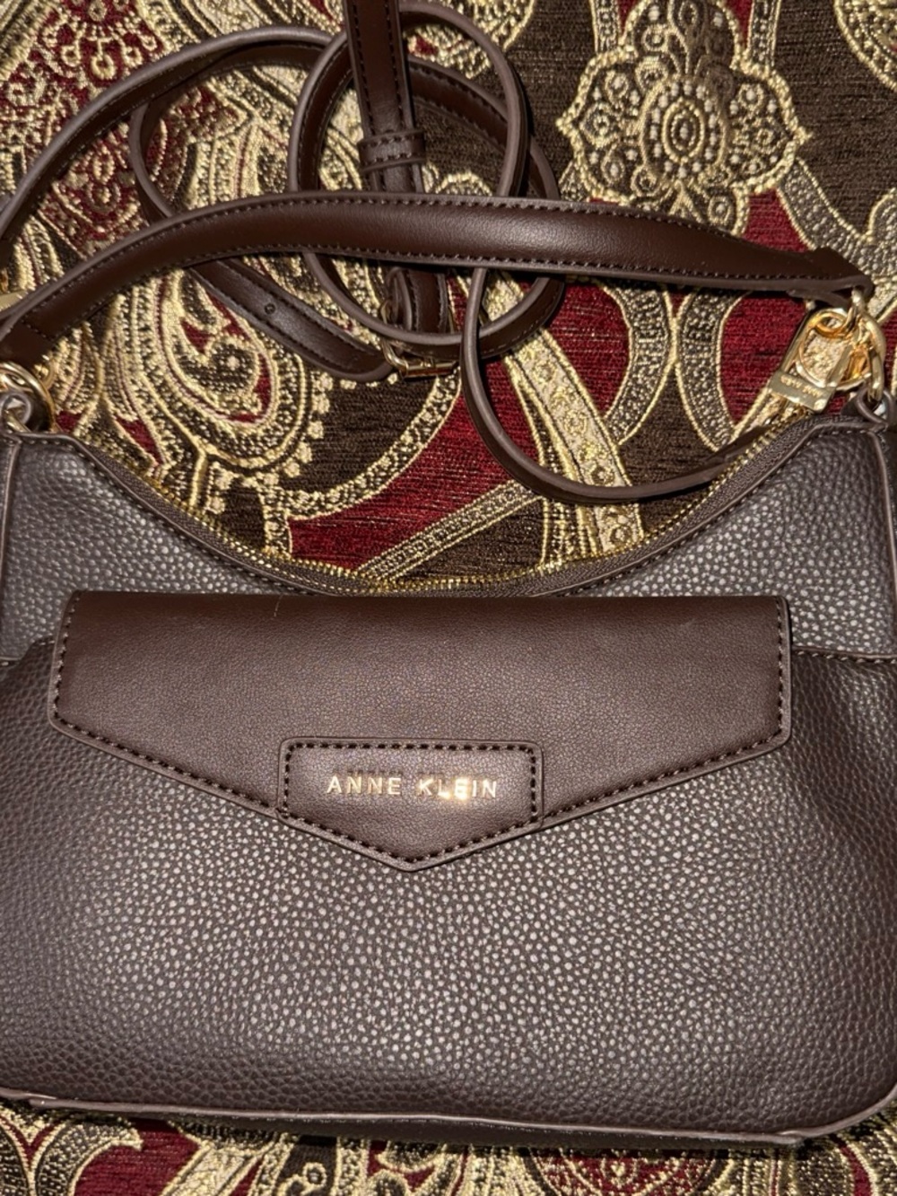 Anne Klein Dark Brown Pebbled Leather Crossbody Bag